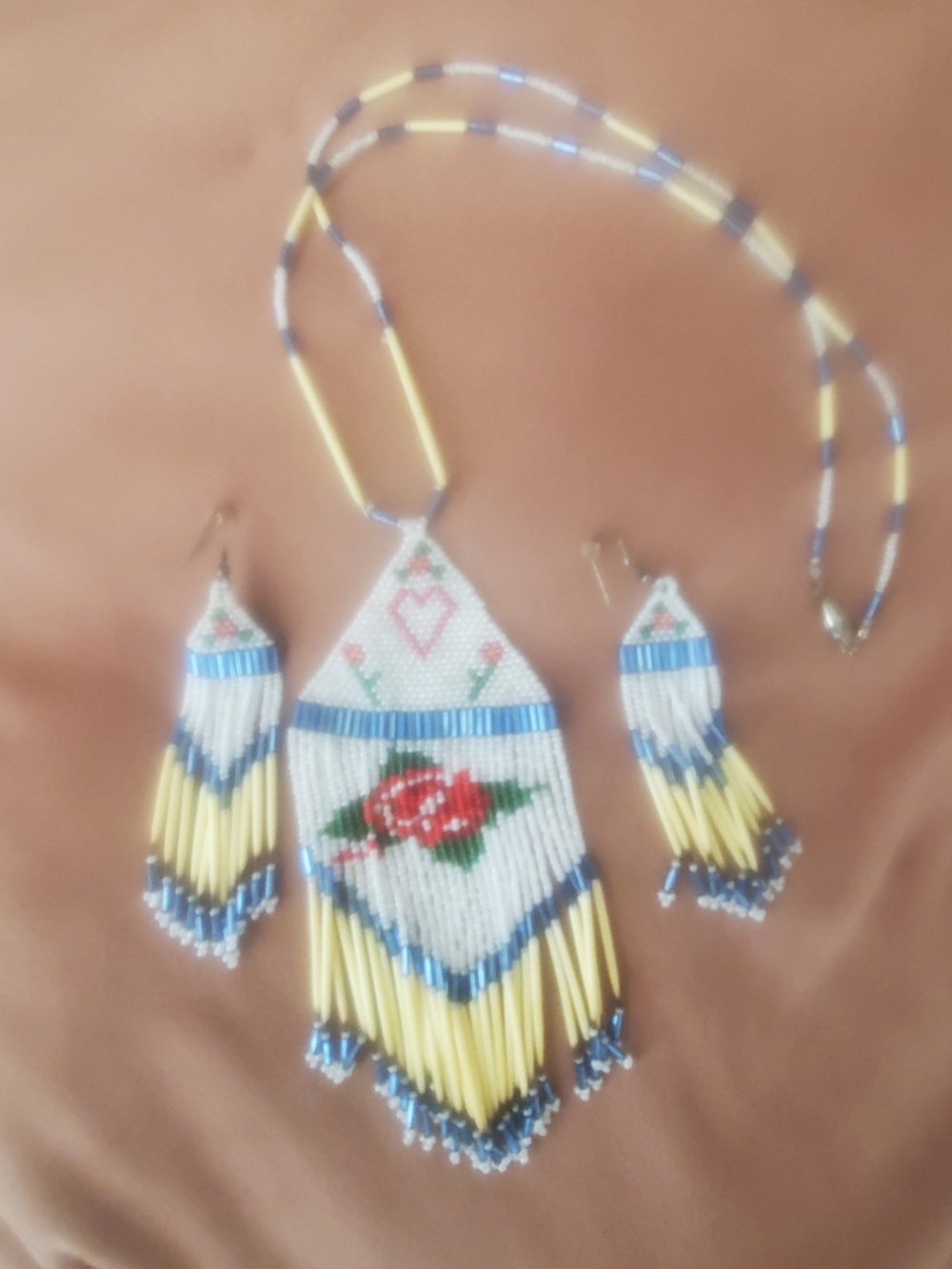 Handmade Beaded Floral Necklace & Earring Set - Yellow, Blue, White